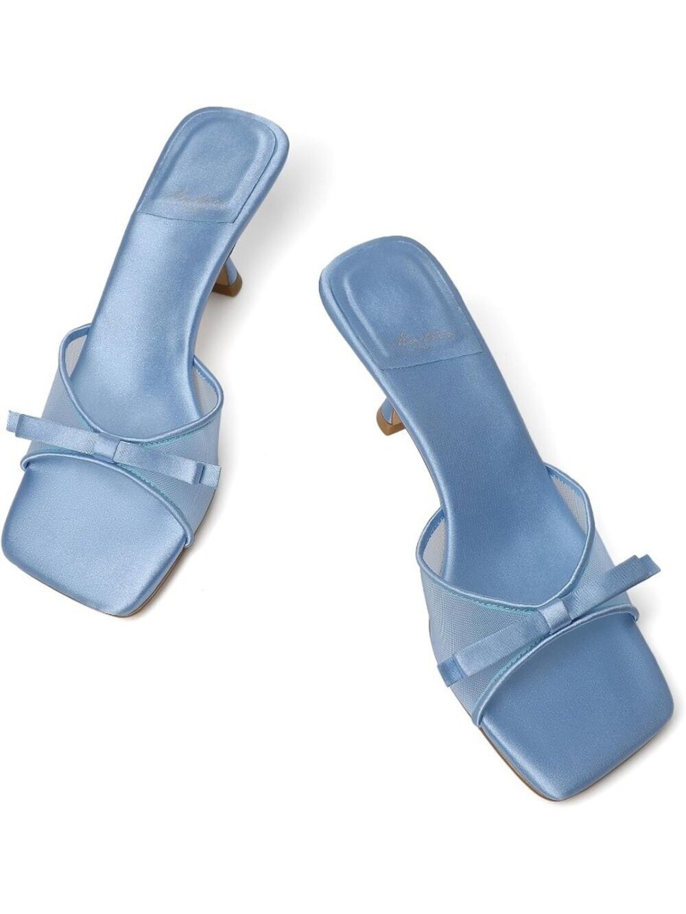 Women's Blue Kitten Heels Round Toe Heels With Bow Vintage Mules Stiletto Shoes - Picture 5 of 7